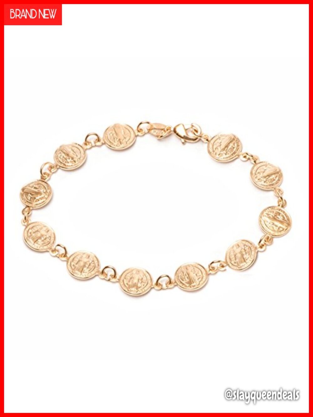 18K Gold Plated Saint Benedict Coin Link Bracelet 7.5 Inches